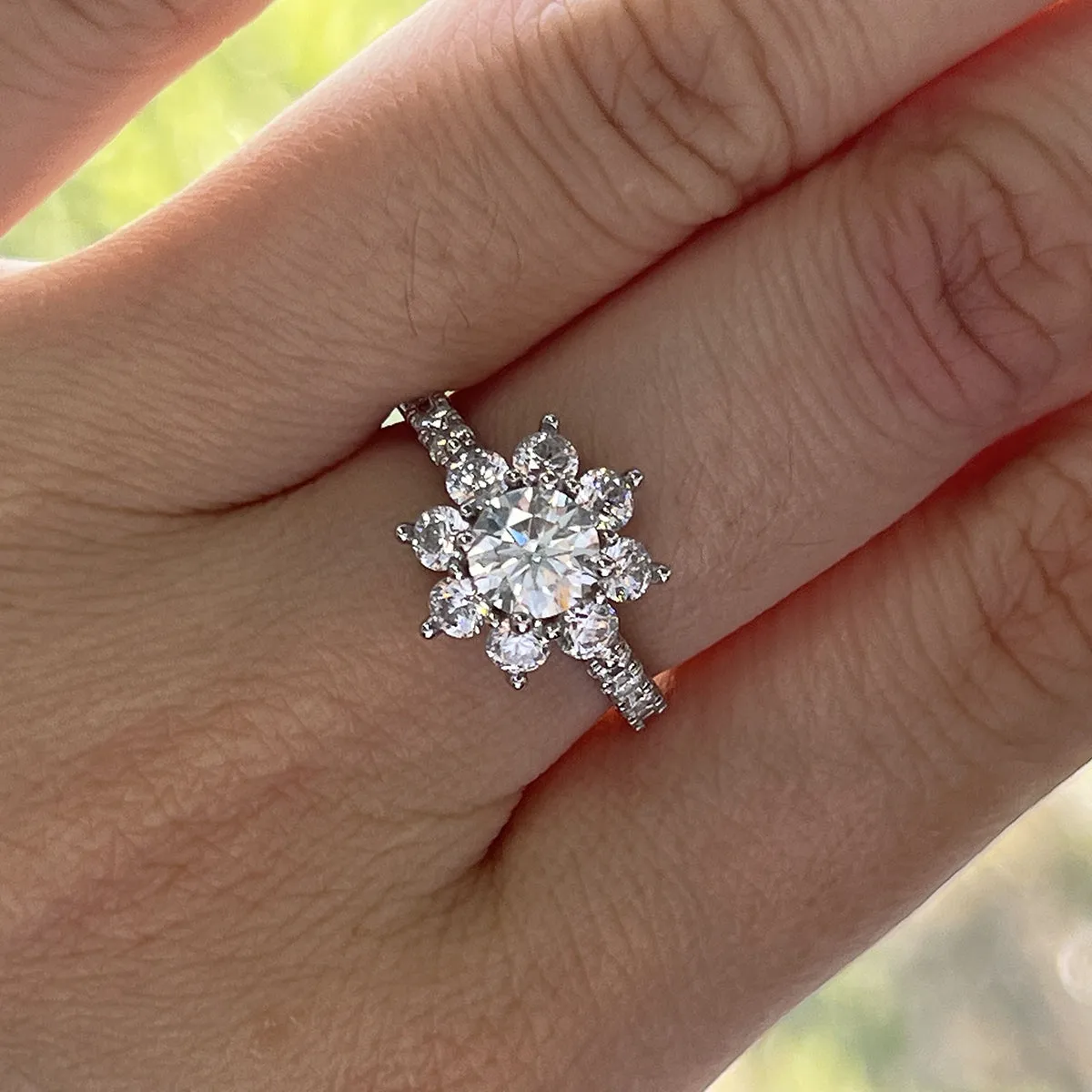 6mm D Color Moissanite Sunflower Halo Ring 18K Gold Plated Engagement Rings