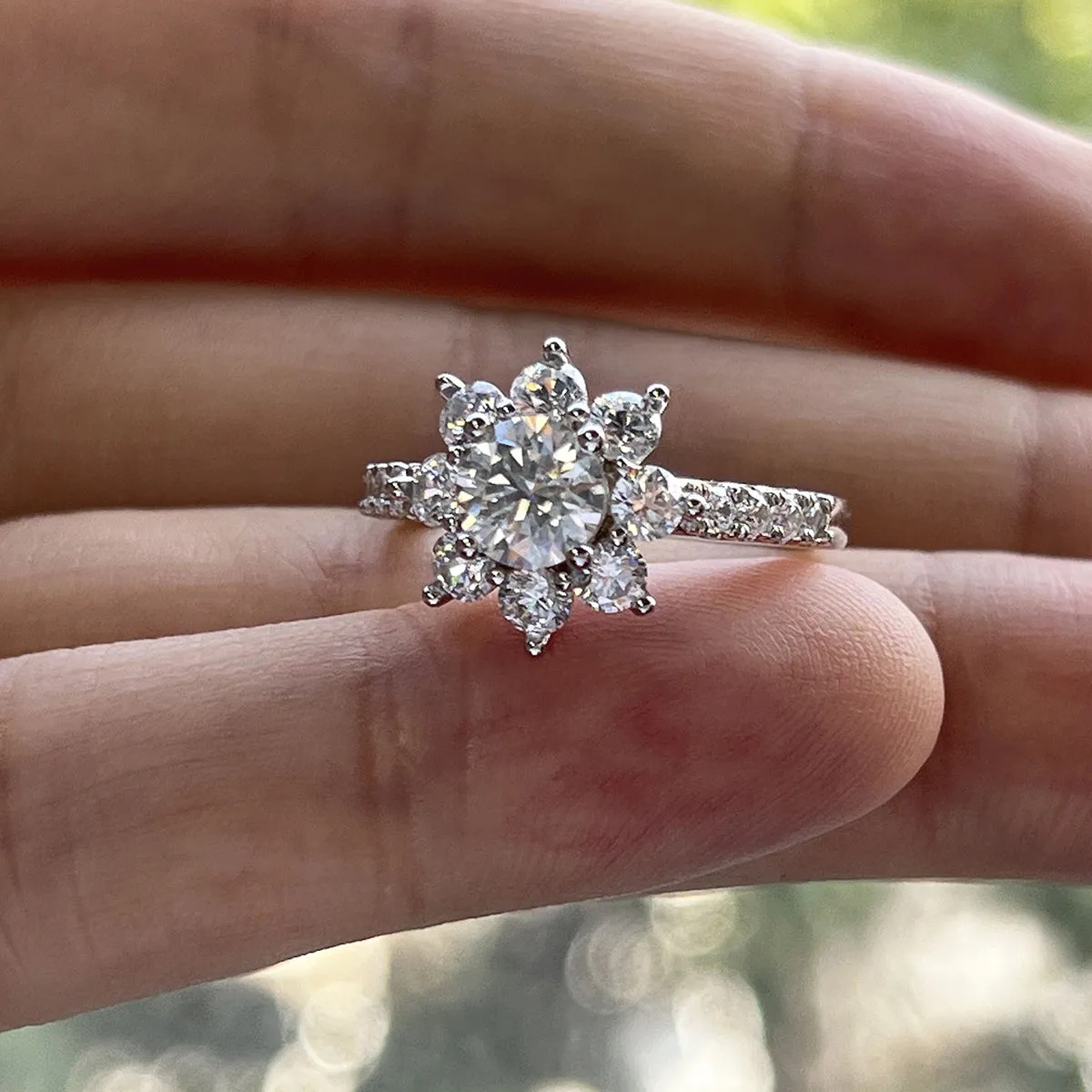 6mm D Color Moissanite Sunflower Halo Ring 18K Gold Plated Engagement Rings