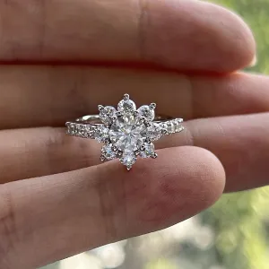 6mm D Color Moissanite Sunflower Halo Ring 18K Gold Plated Engagement Rings