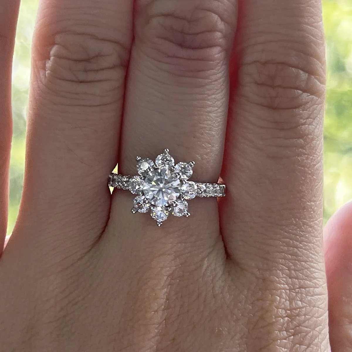 6mm D Color Moissanite Sunflower Halo Ring 18K Gold Plated Engagement Rings