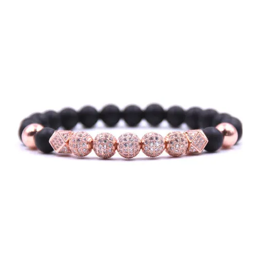 8MM MEN-WOMEN-BLACK-MATTE-AGATE-ONYX-Filled High Polish Finsh -ZIRCON-ROSE-DISCO-BALL-BEADED