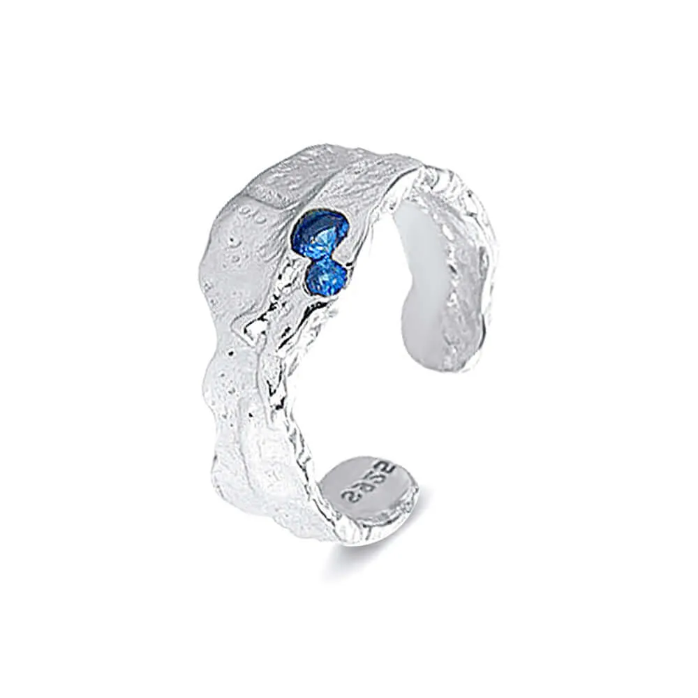 925 Silver Texture Irregular Red And Blue Zircon Ring