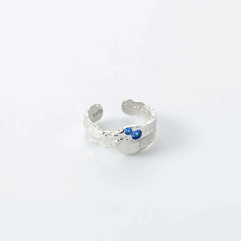 925 Silver Texture Irregular Red And Blue Zircon Ring