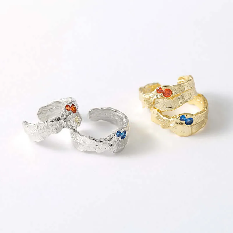 925 Silver Texture Irregular Red And Blue Zircon Ring