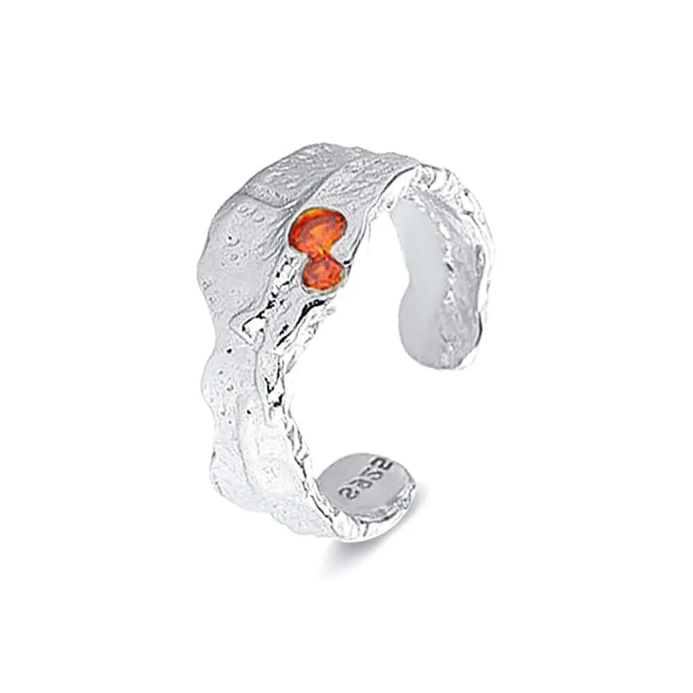 925 Silver Texture Irregular Red And Blue Zircon Ring