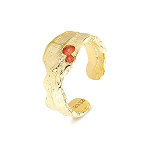 925 Silver Texture Irregular Red And Blue Zircon Ring