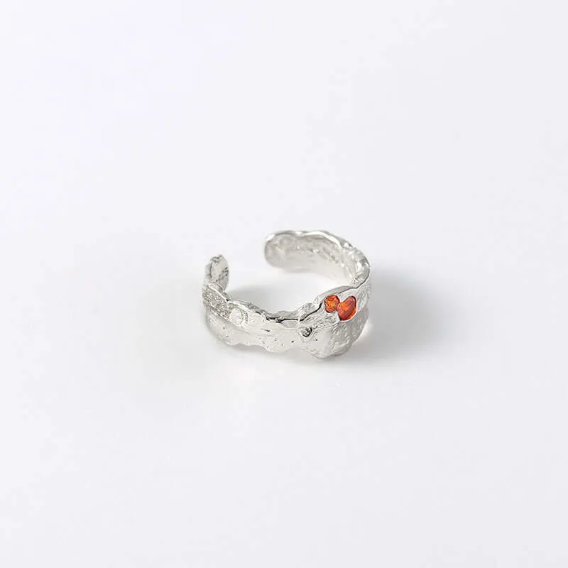 925 Silver Texture Irregular Red And Blue Zircon Ring