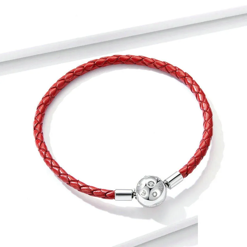 925 Sterling Silver Red Leather Rope Charm Bracelet for Women