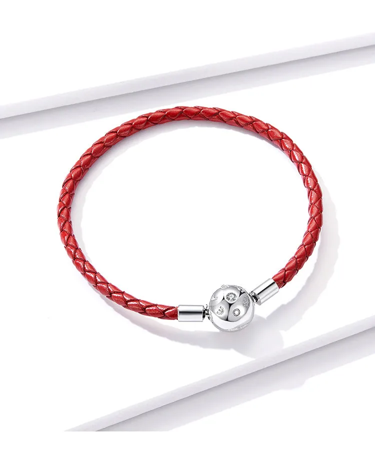 925 Sterling Silver Red Leather Rope Charm Bracelet for Women