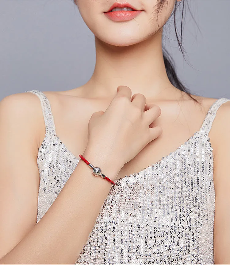 925 Sterling Silver Red Leather Rope Charm Bracelet for Women