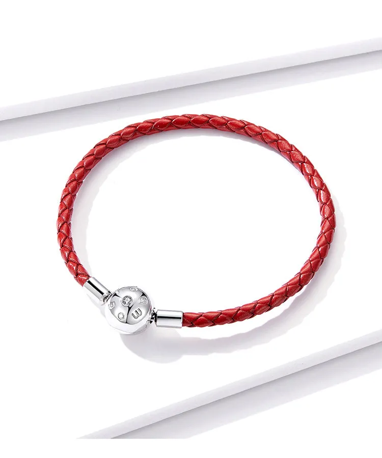 925 Sterling Silver Red Leather Rope Charm Bracelet for Women