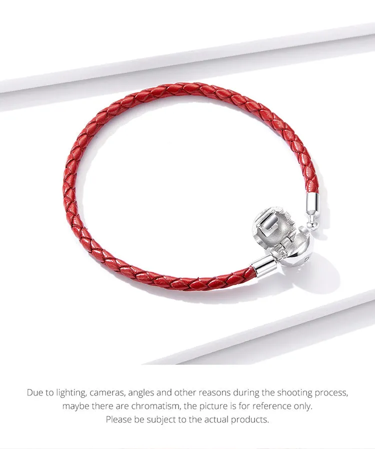 925 Sterling Silver Red Leather Rope Charm Bracelet for Women