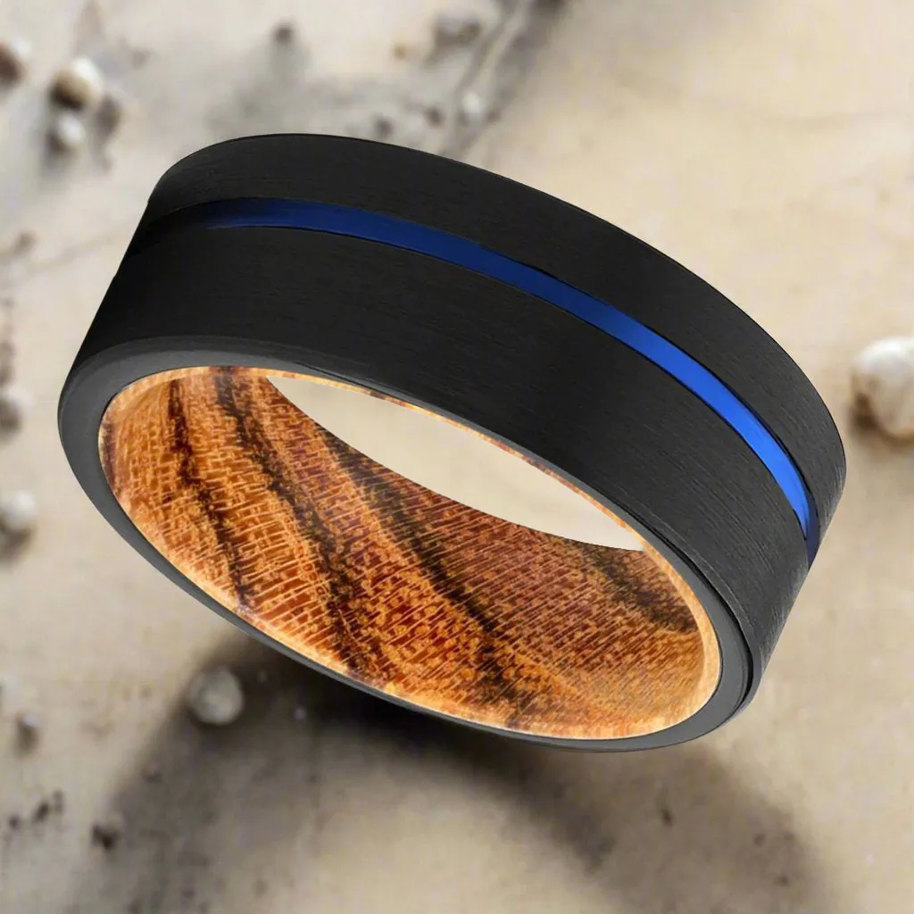ADVENTUNE | Bocote Wood, Black Tungsten Ring, Blue Offset Groove, Flat