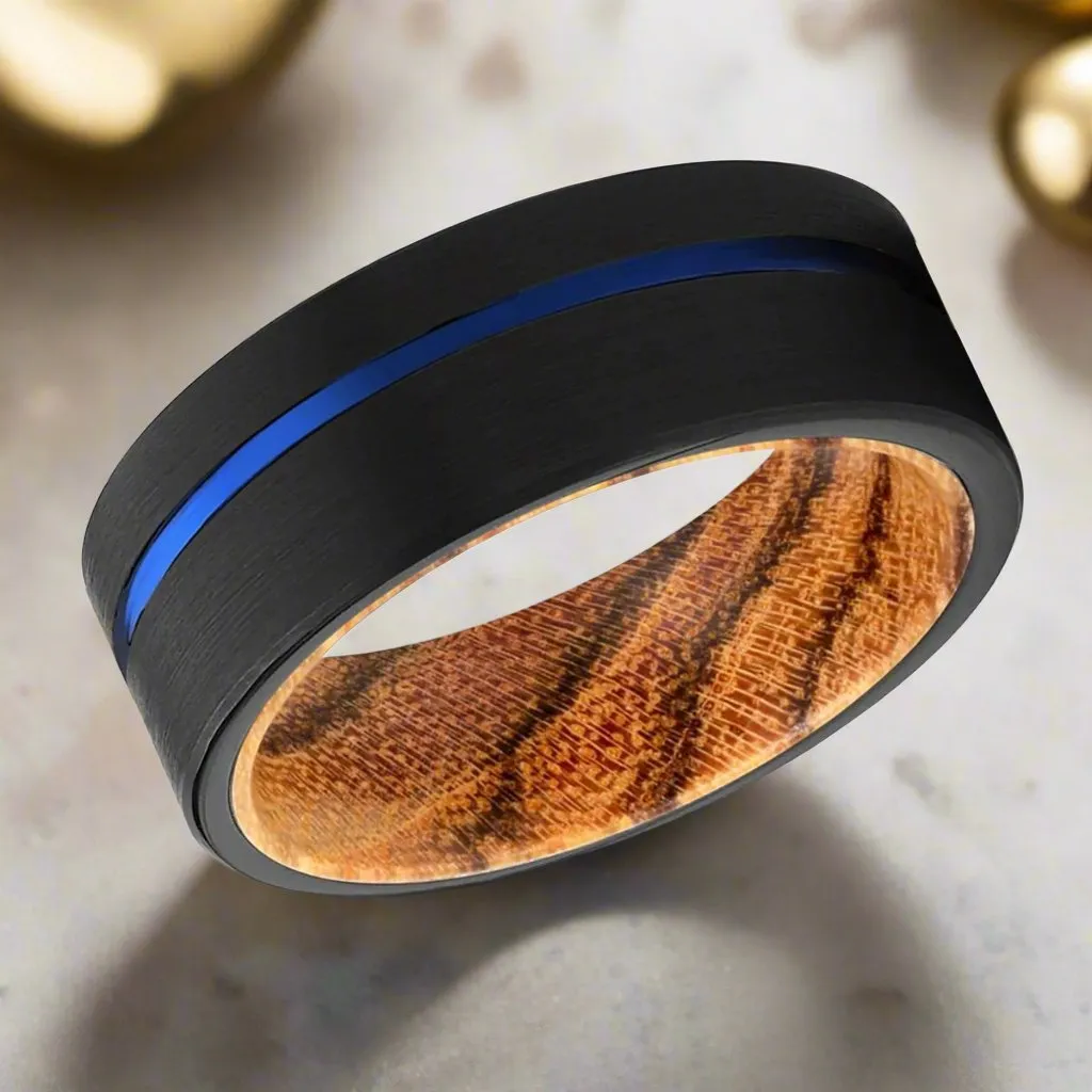 ADVENTUNE | Bocote Wood, Black Tungsten Ring, Blue Offset Groove, Flat