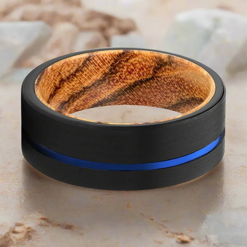 ADVENTUNE | Bocote Wood, Black Tungsten Ring, Blue Offset Groove, Flat