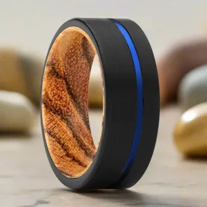 ADVENTUNE | Bocote Wood, Black Tungsten Ring, Blue Offset Groove, Flat