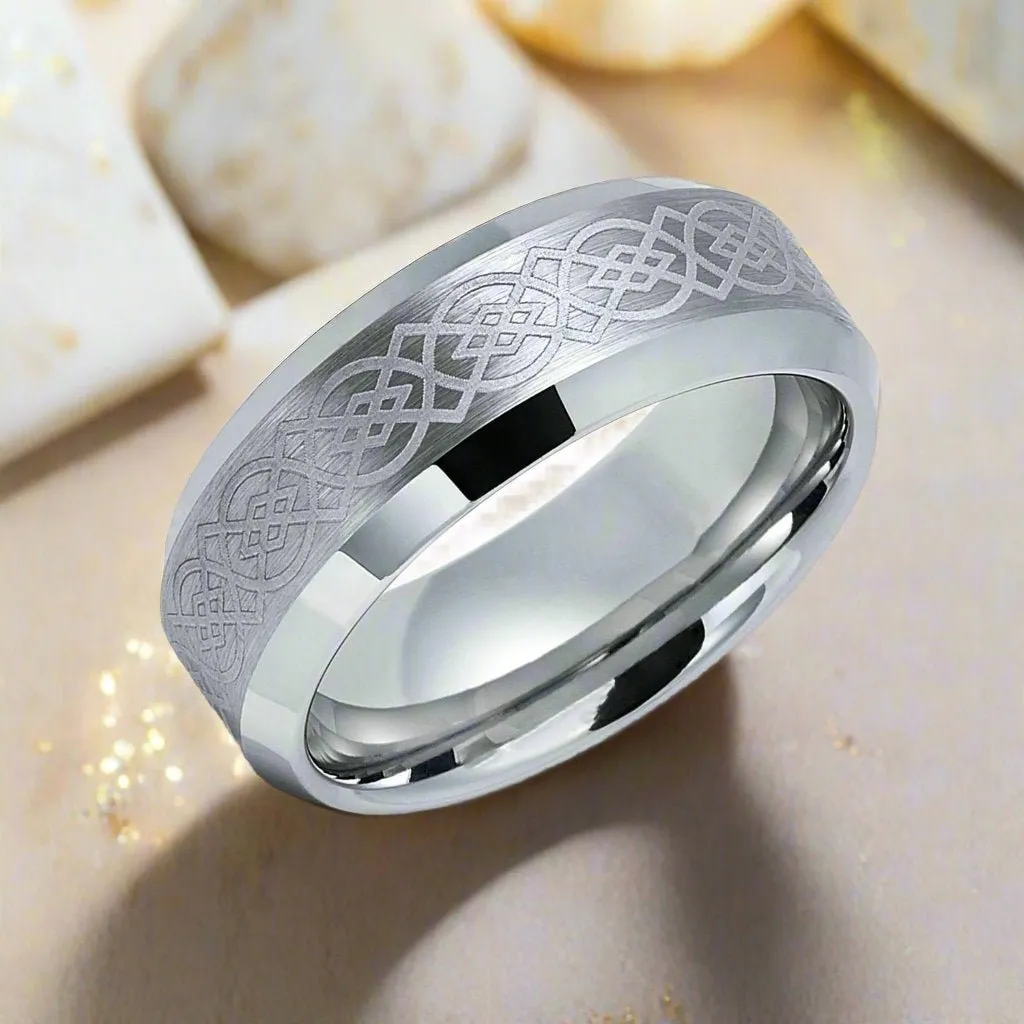 AMIS | Silver Tungsten Ring, Laser Celtic Knot Design, Beveled