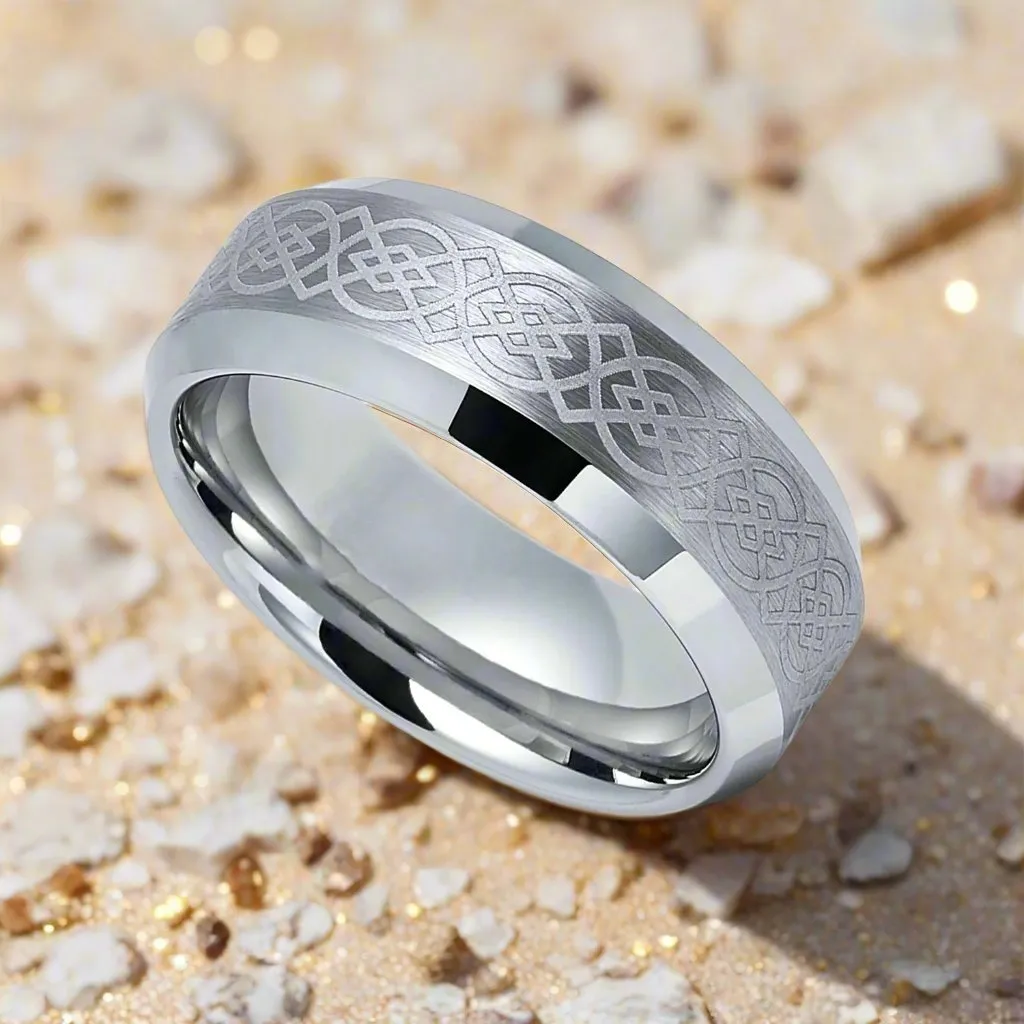 AMIS | Silver Tungsten Ring, Laser Celtic Knot Design, Beveled