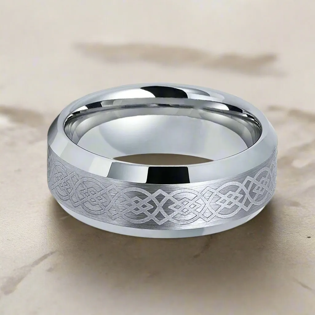 AMIS | Silver Tungsten Ring, Laser Celtic Knot Design, Beveled