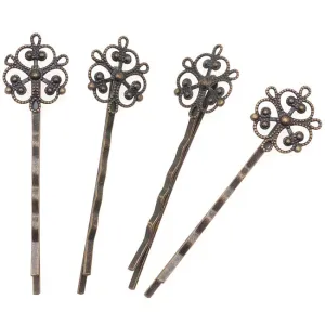Antiqued Brass Color Ornate Filigree Bobby Pin 2 1/2 Inches (63.5mm) (4 Pcs.)