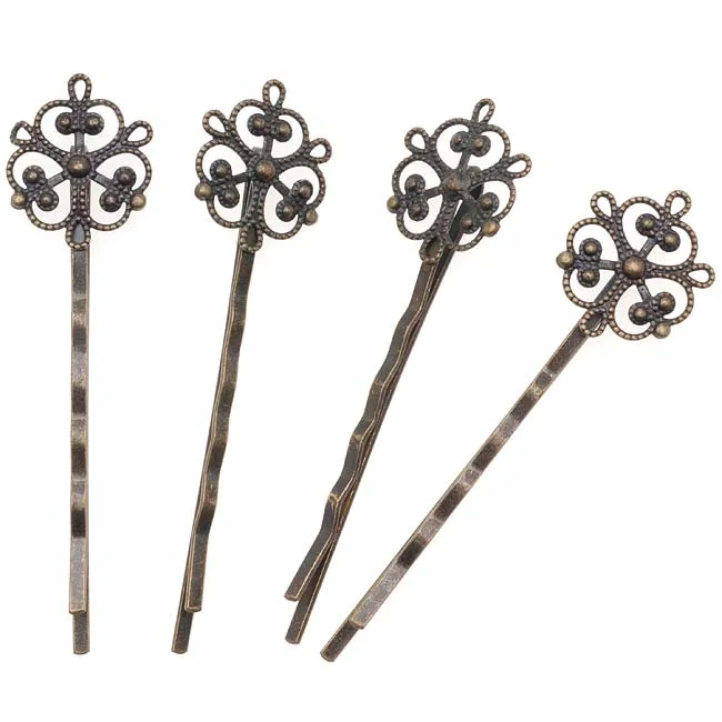 Antiqued Brass Color Ornate Filigree Bobby Pin 2 1/2 Inches (63.5mm) (4 Pcs.)