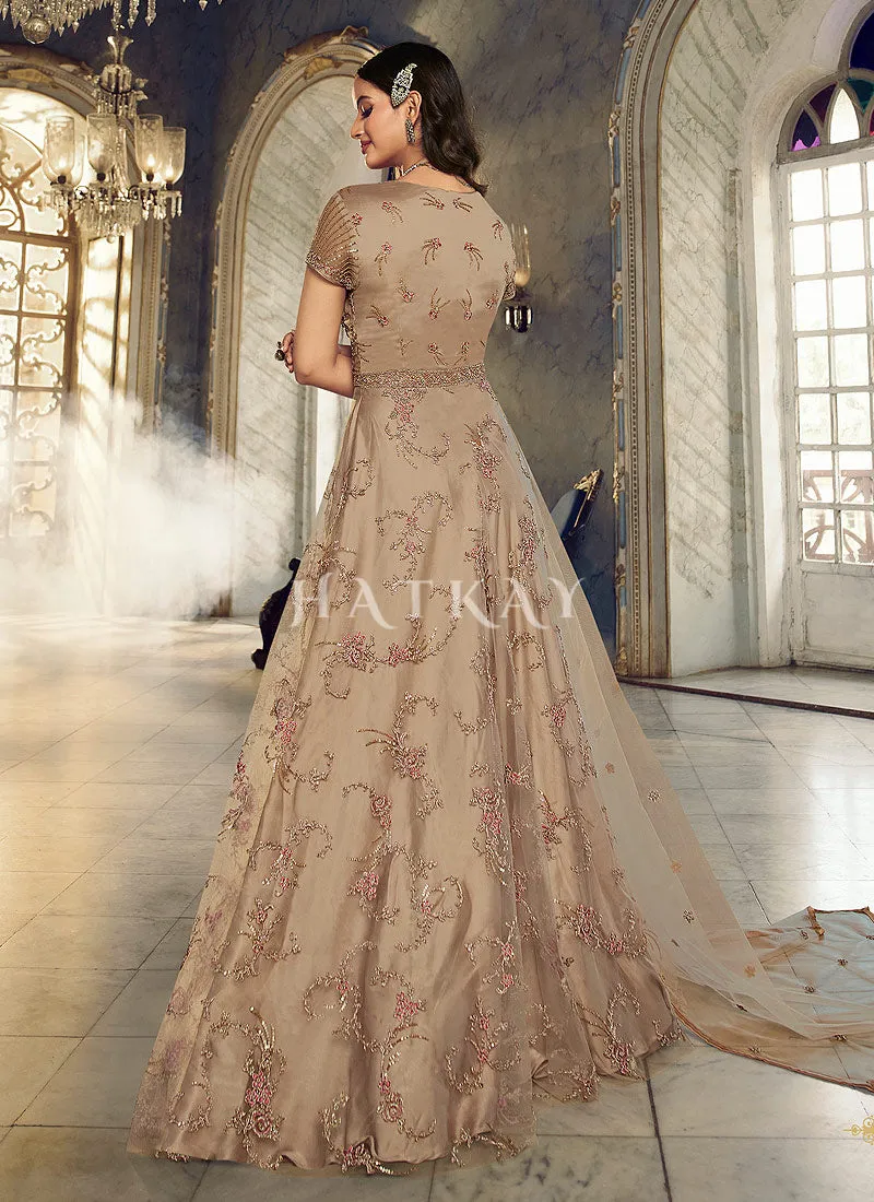 Beige Embroidered Traditional Net Anarkali Suit