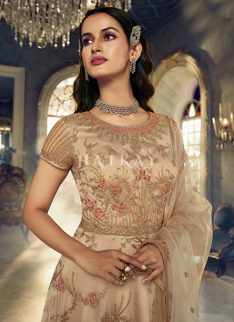 Beige Embroidered Traditional Net Anarkali Suit
