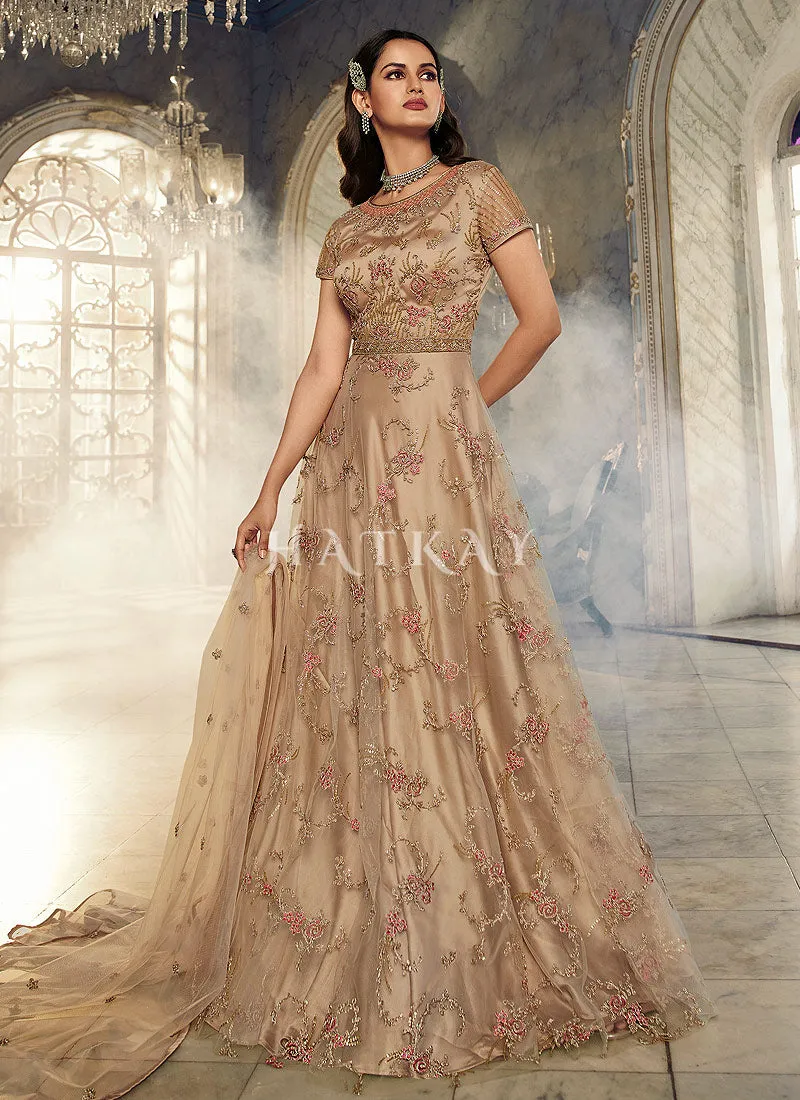 Beige Embroidered Traditional Net Anarkali Suit