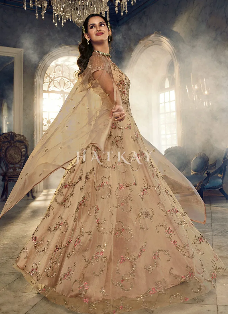 Beige Embroidered Traditional Net Anarkali Suit
