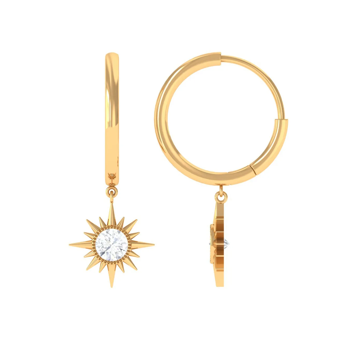 Bezel Set Round Moissanite Sunburst Hoop Drop Earrings