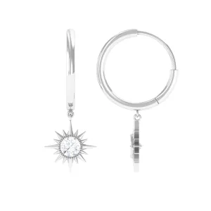 Bezel Set Round Moissanite Sunburst Hoop Drop Earrings