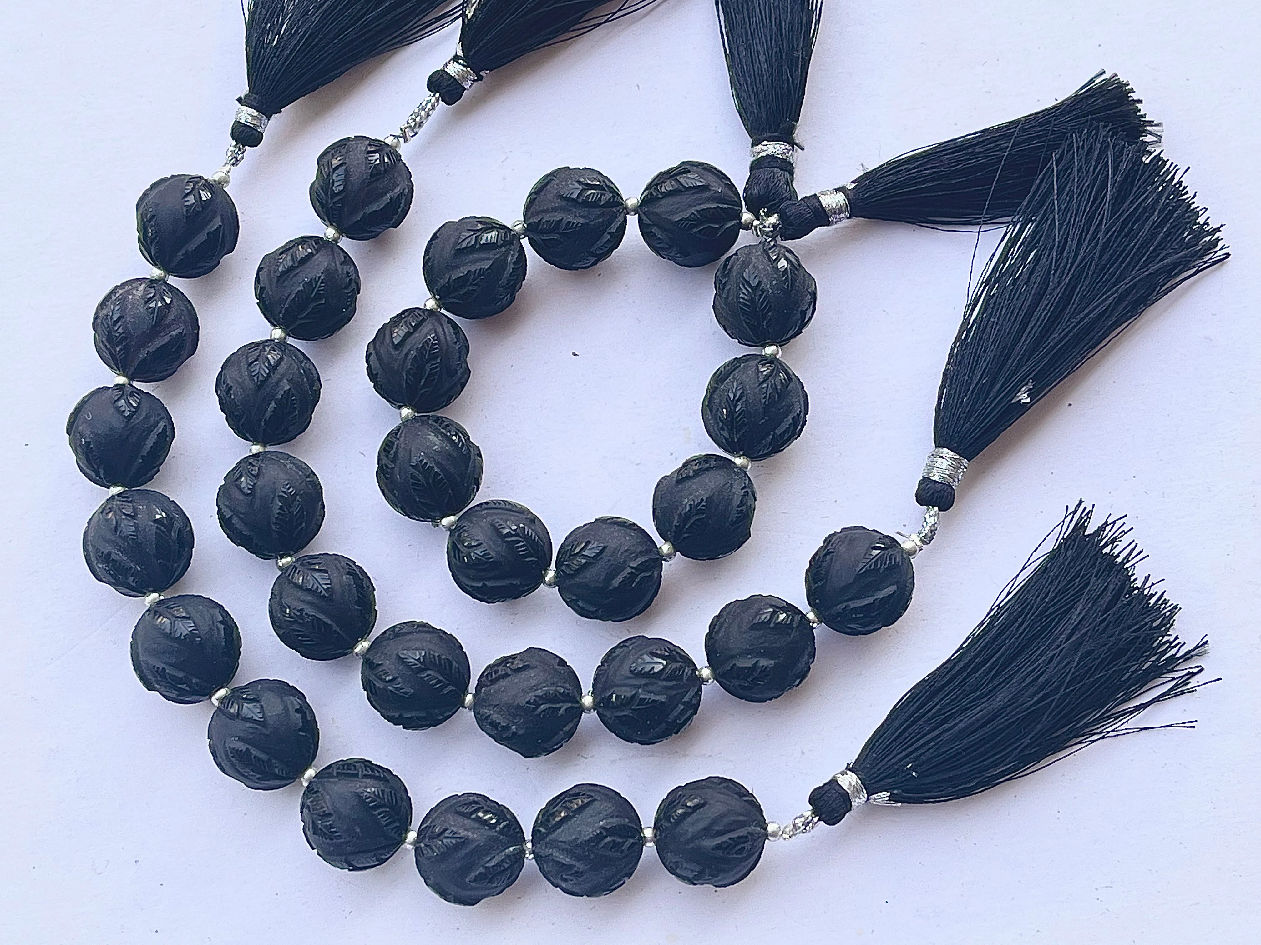 Black Onyx Frost Finish Leaf Carved Beads
