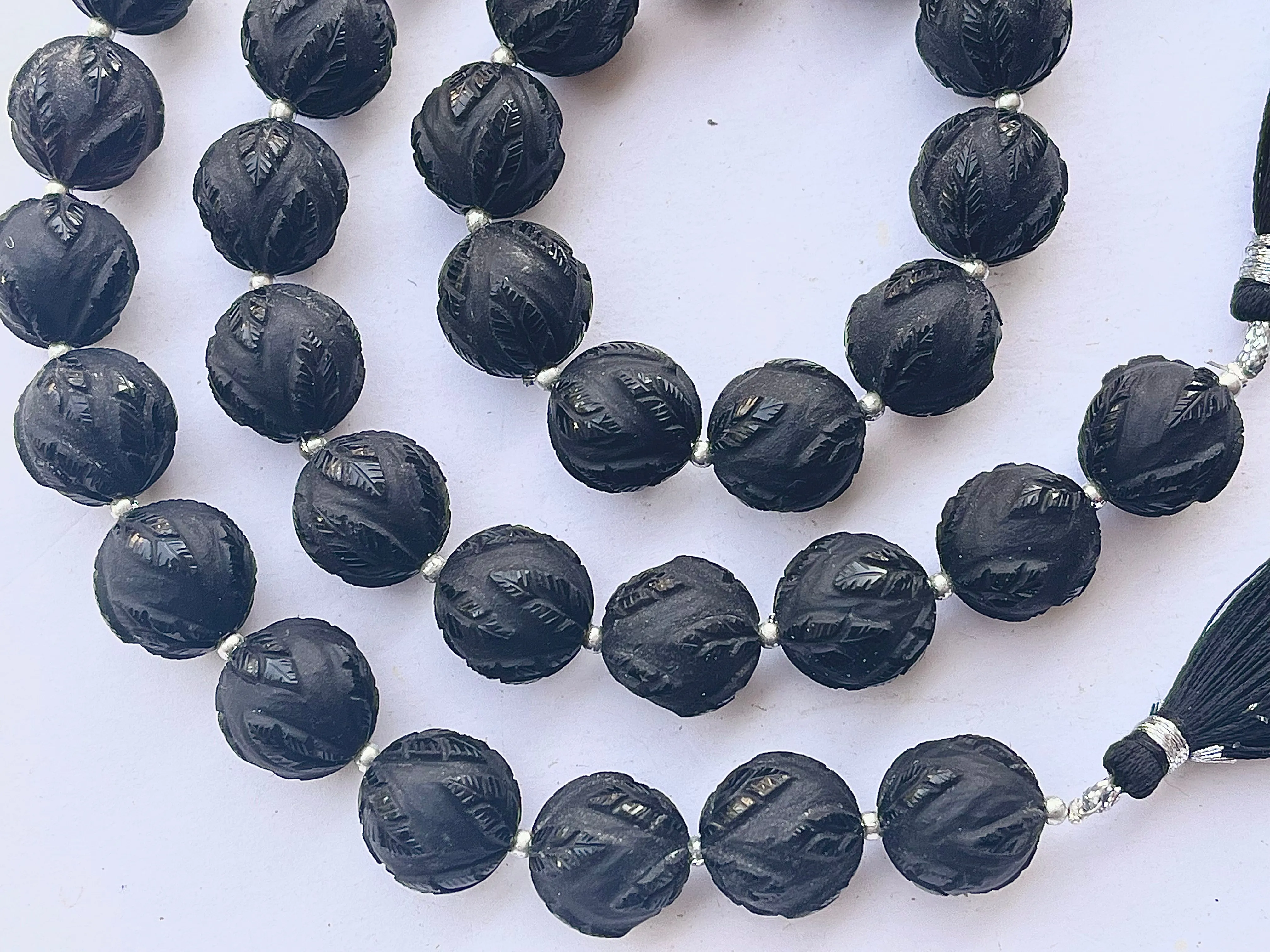 Black Onyx Frost Finish Leaf Carved Beads