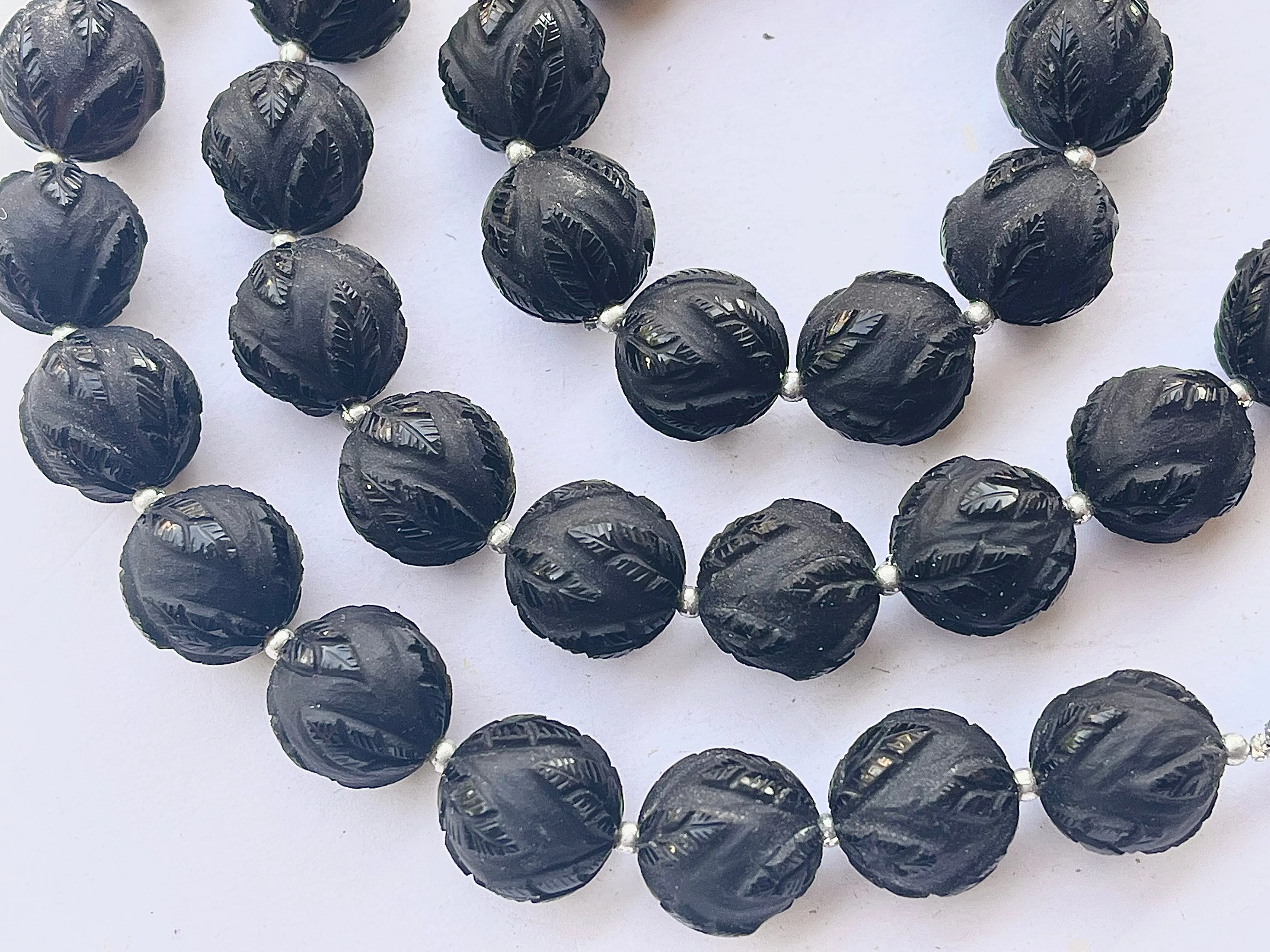 Black Onyx Frost Finish Leaf Carved Beads