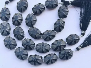 Black Onyx Frost Finish Oval Shape Carved Beads
