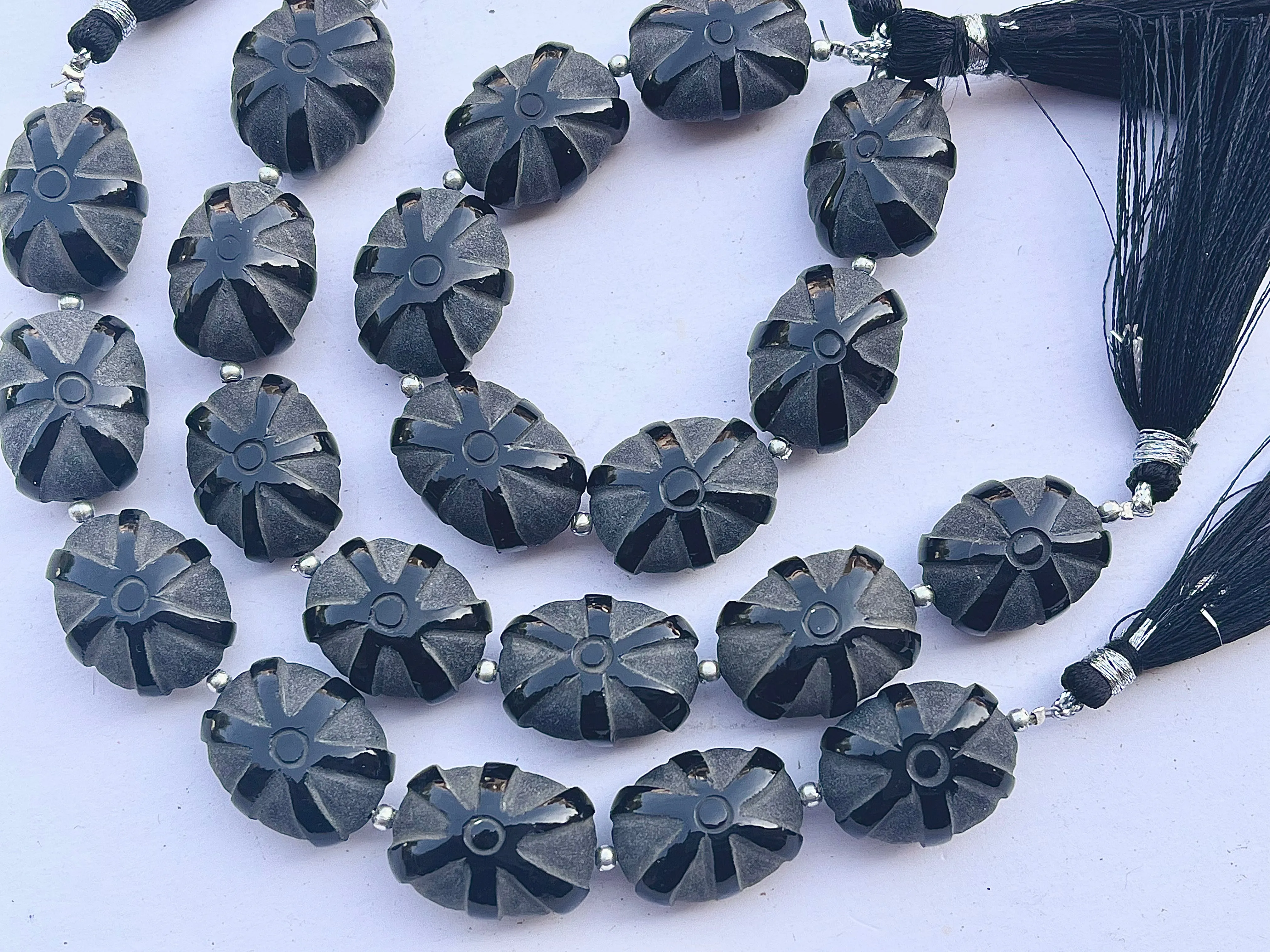 Black Onyx Frost Finish Oval Shape Carved Beads