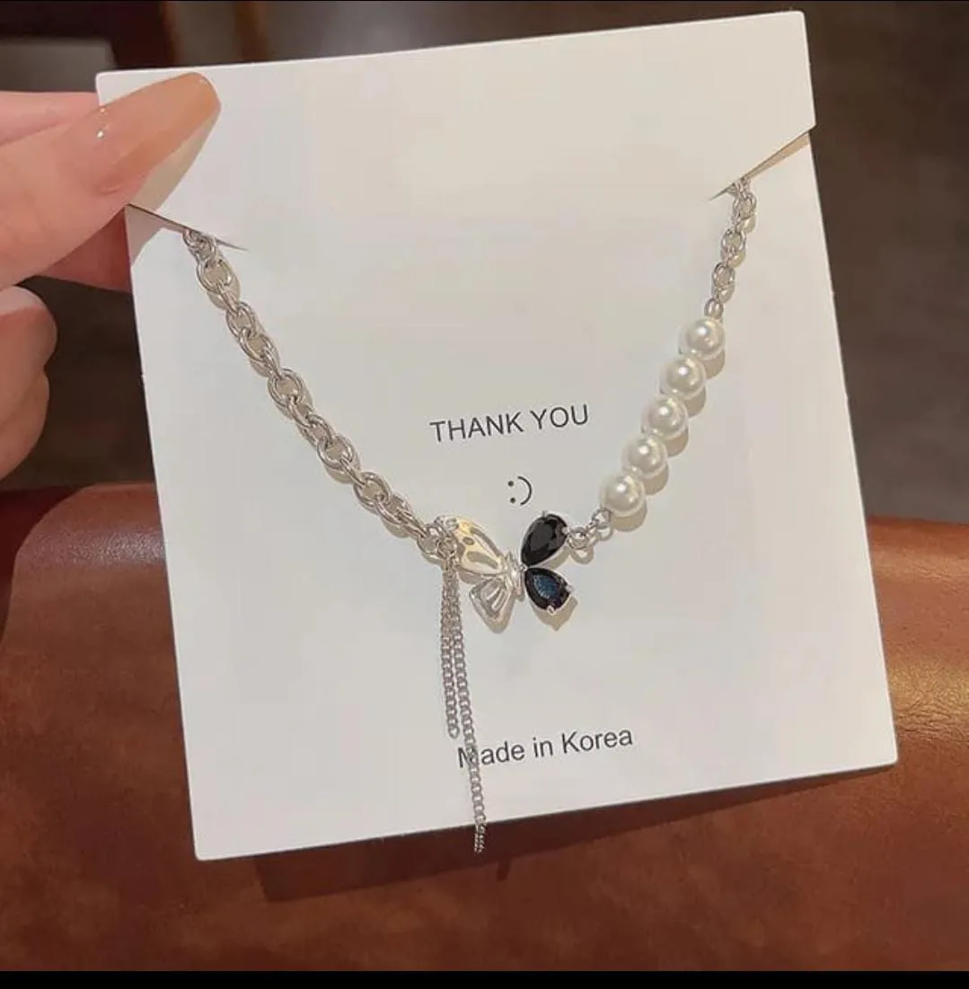Black Zircon Butterfly Titanium Steel Necklace