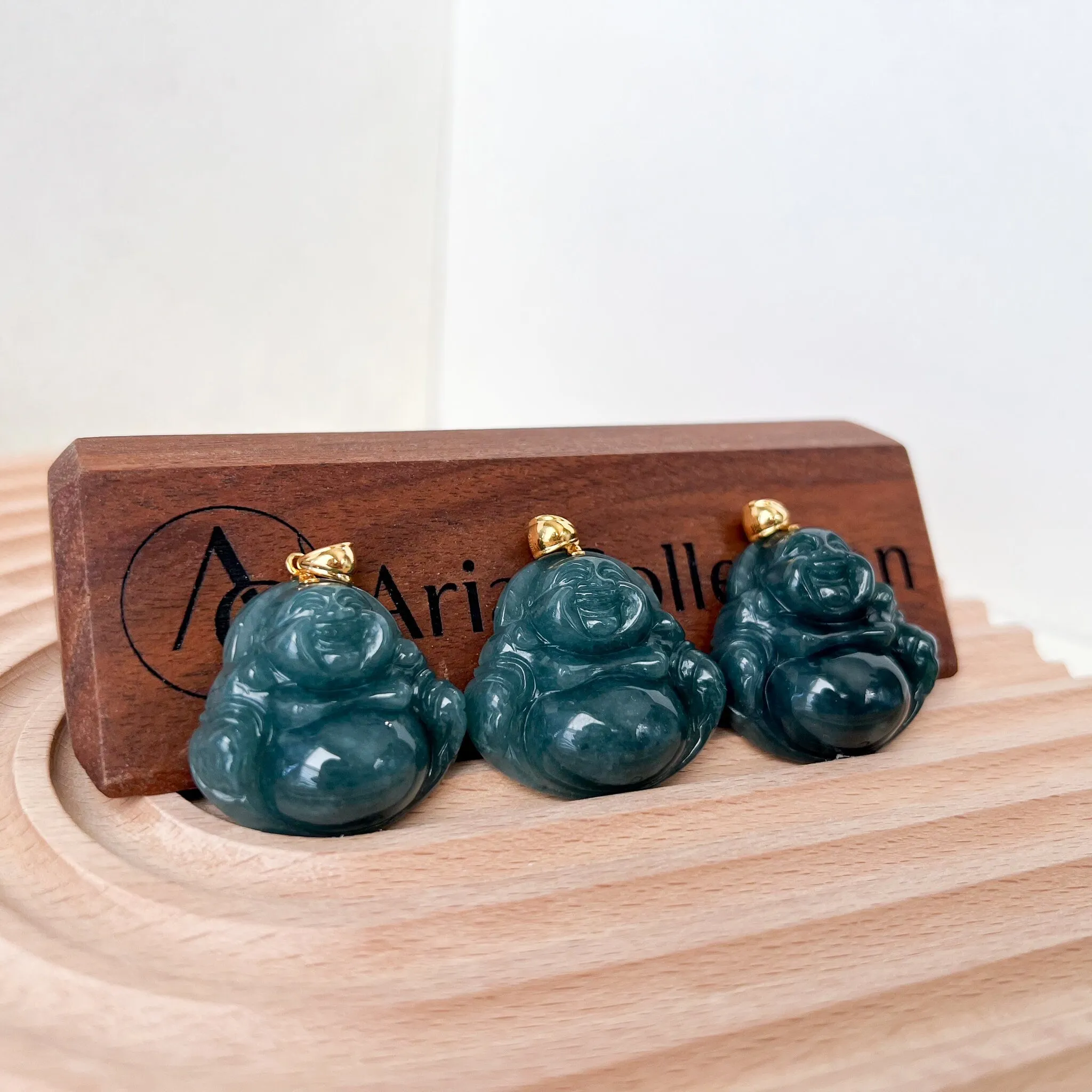 Blue Green Happy Buddha Jadeite Jade with 18K Solid Gold Pendant, NY-0723-1703382283