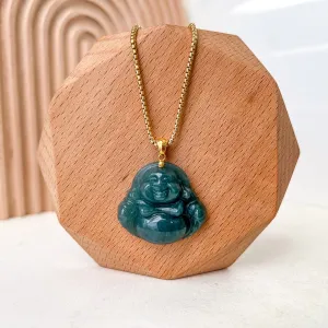 Blue Green Happy Buddha Jadeite Jade with 18K Solid Gold Pendant, NY-0723-1703382283