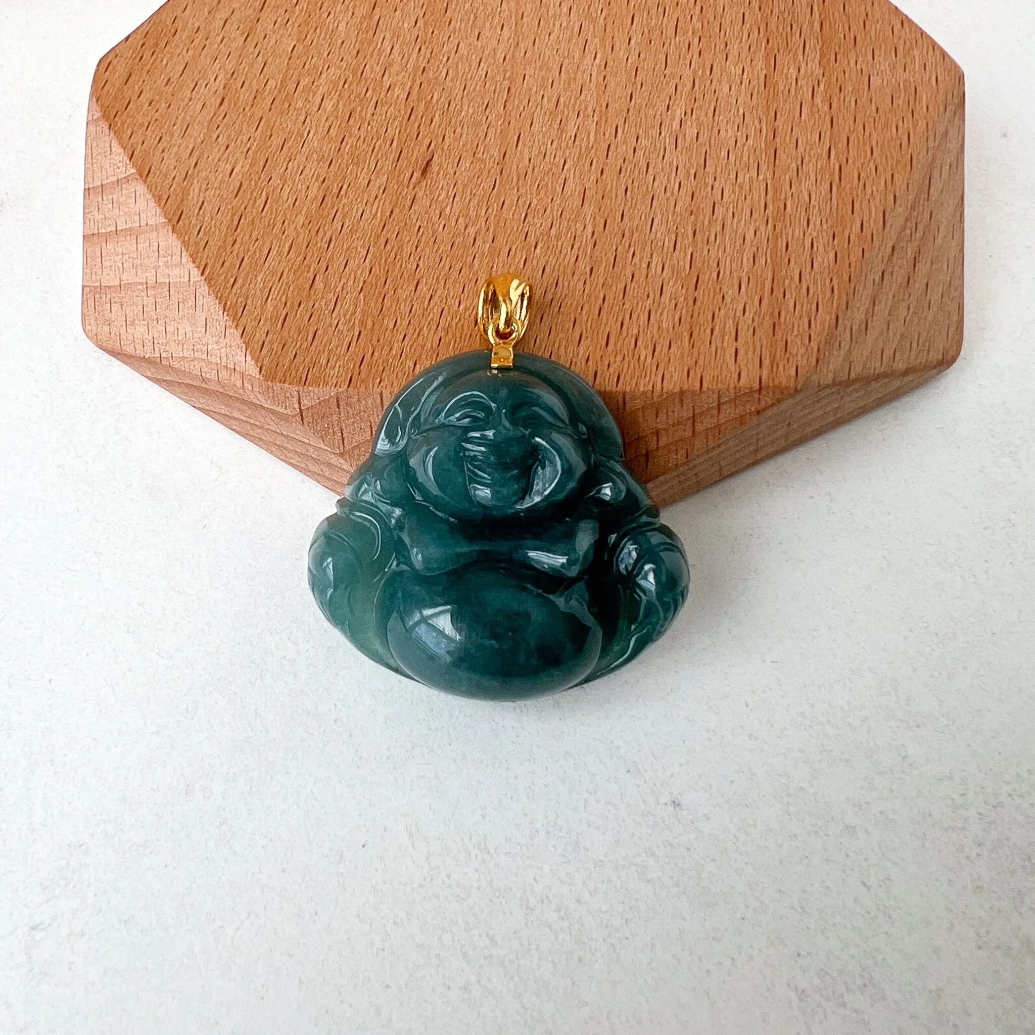 Blue Green Happy Buddha Jadeite Jade with 18K Solid Gold Pendant, NY-0723-1703382283