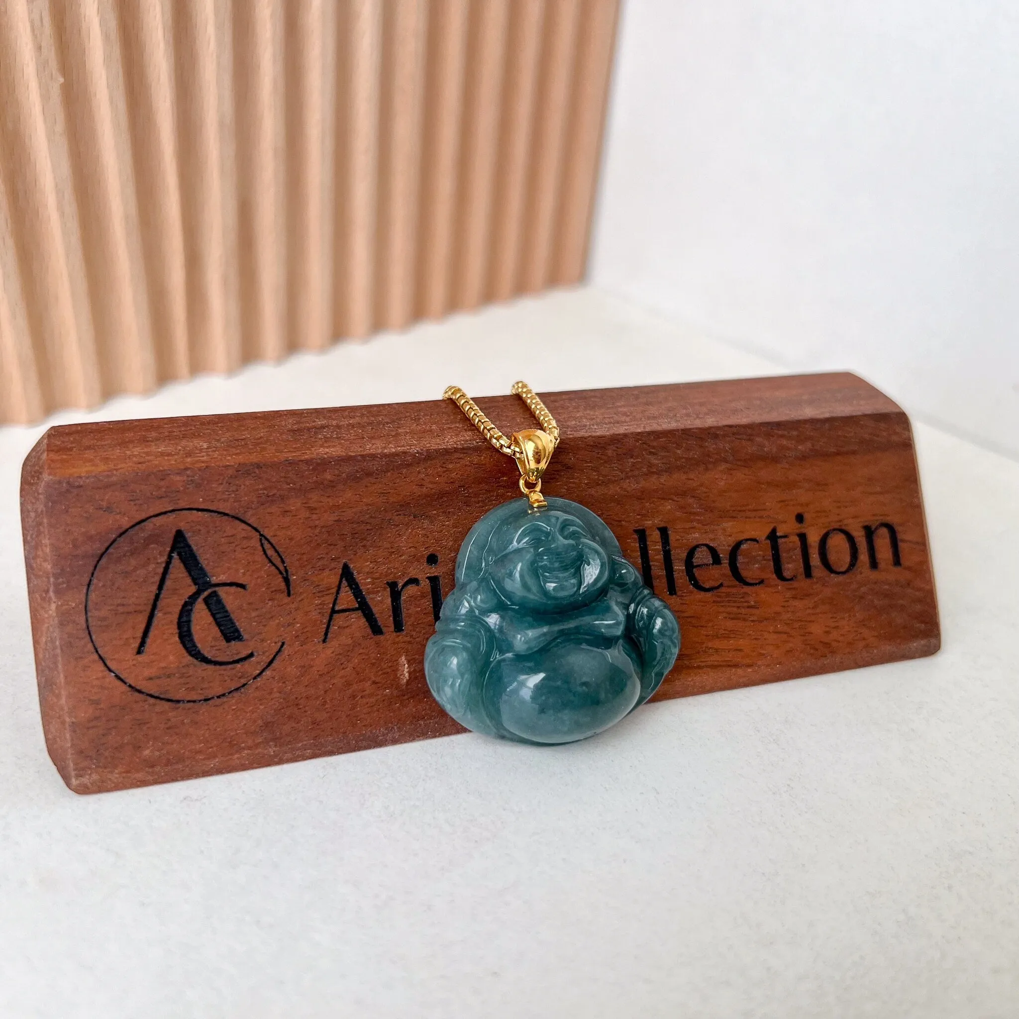 Blue Green Happy Buddha Jadeite Jade with 18K Solid Gold Pendant, NY-0723-1703382283