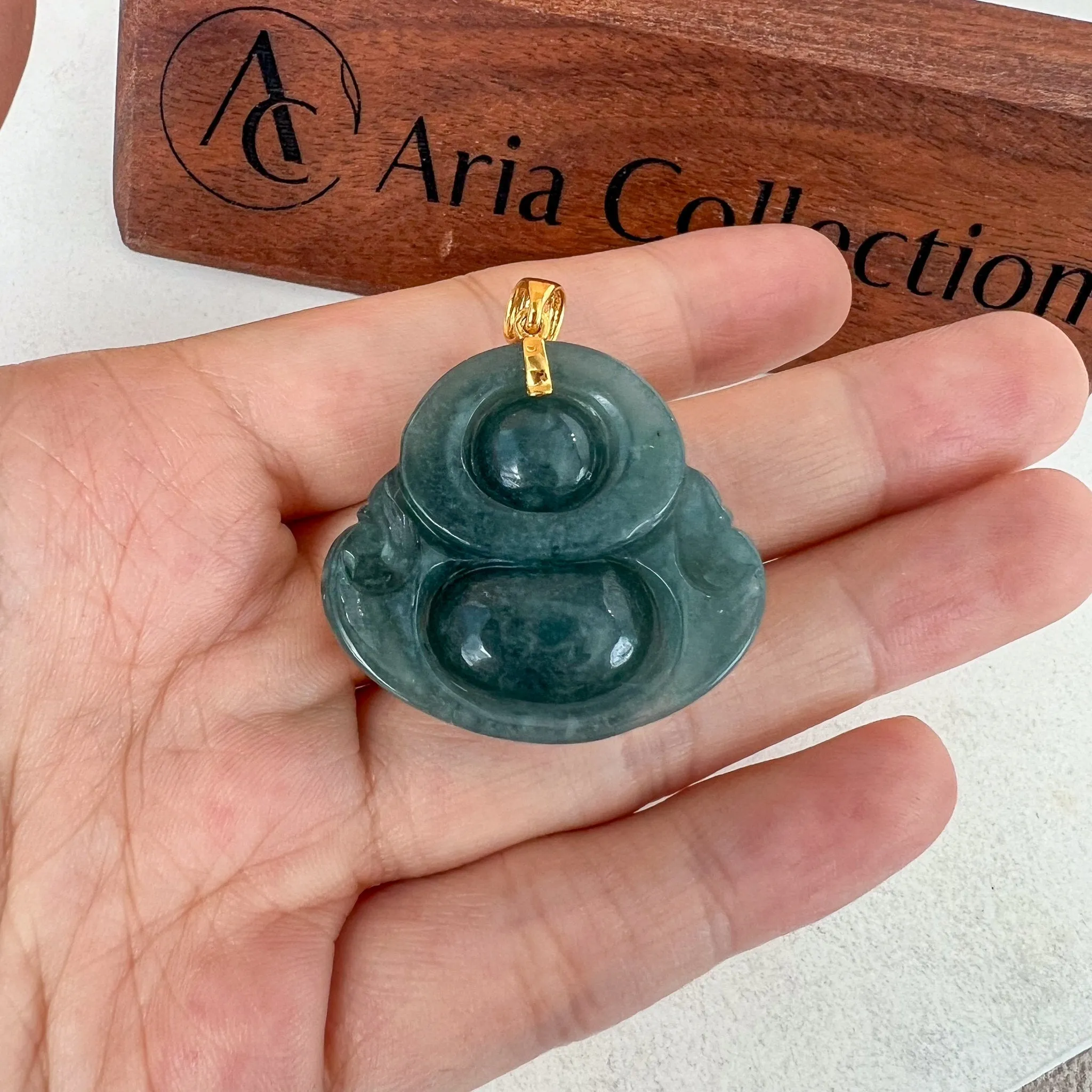 Blue Green Happy Buddha Jadeite Jade with 18K Solid Gold Pendant, NY-0723-1703382283