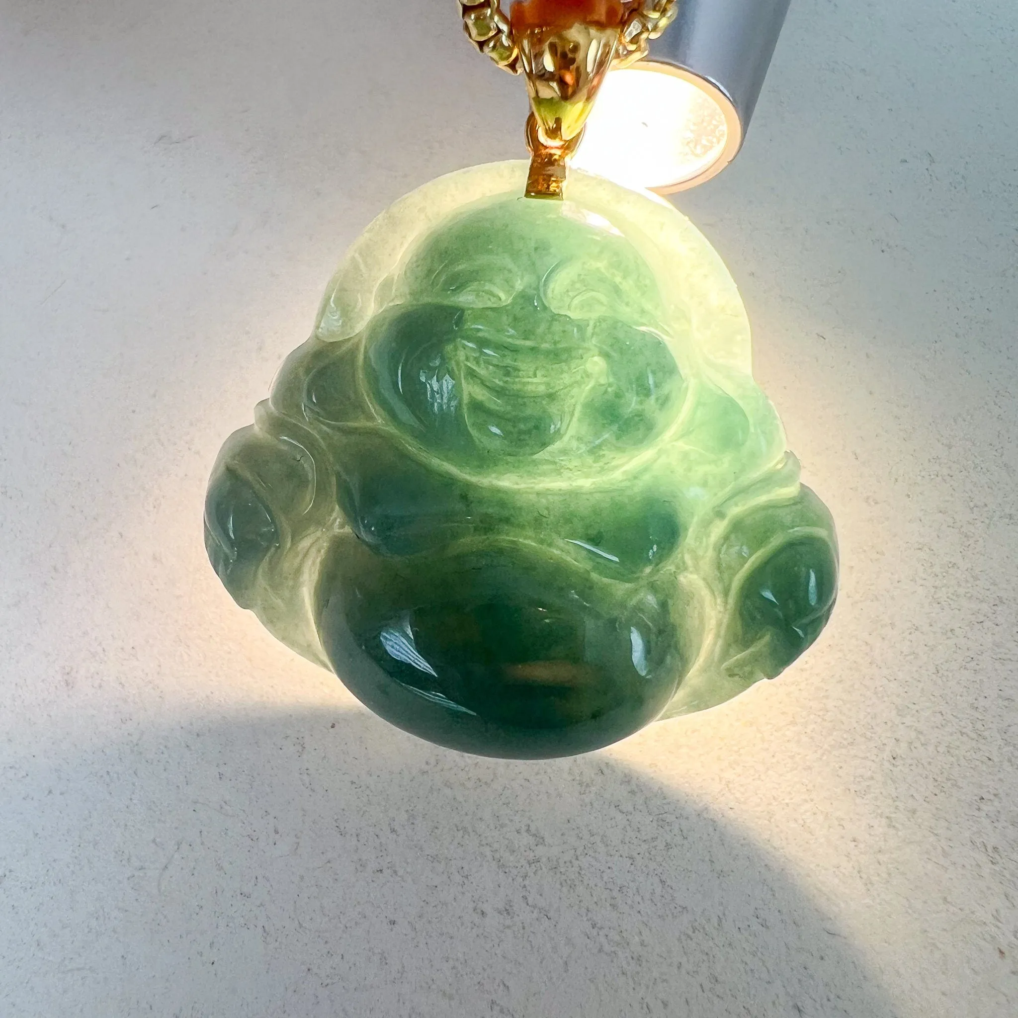 Blue Green Happy Buddha Jadeite Jade with 18K Solid Gold Pendant, NY-0723-1703382283