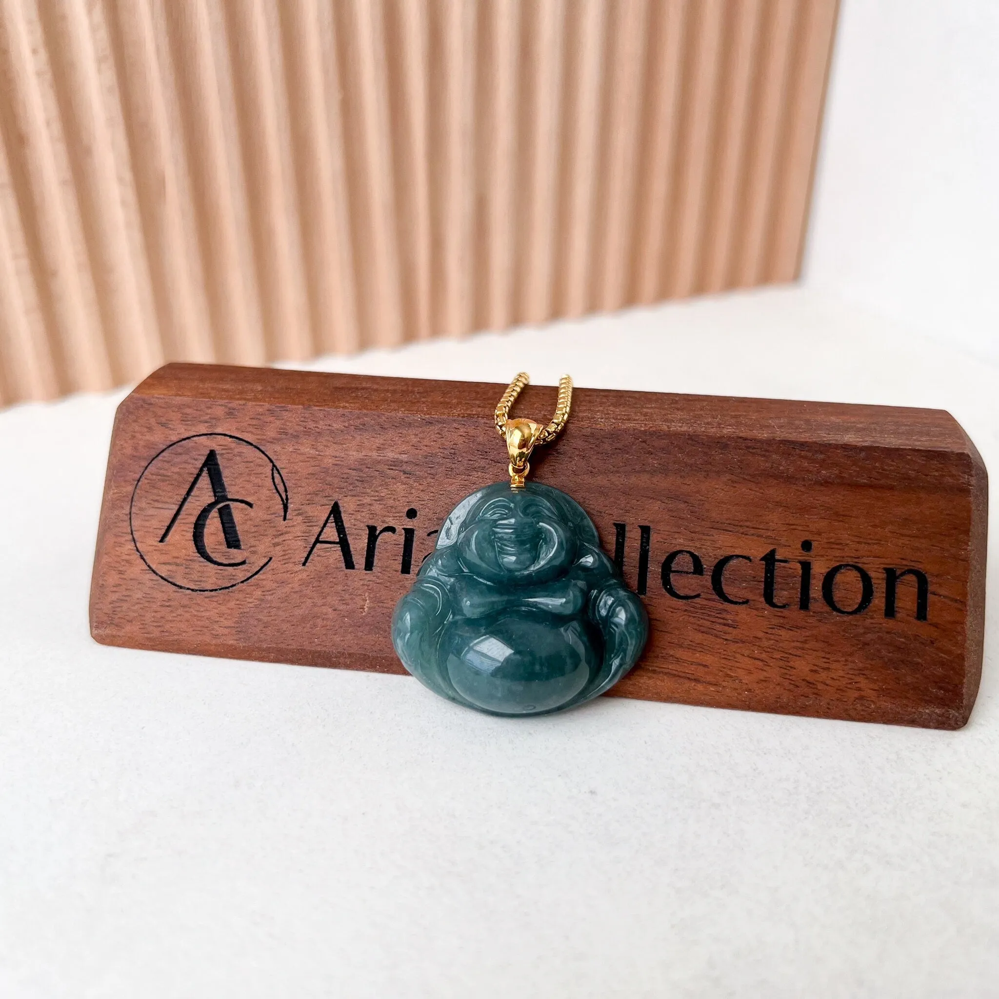 Blue Green Happy Buddha Jadeite Jade with 18K Solid Gold Pendant, NY-0723-1703382283