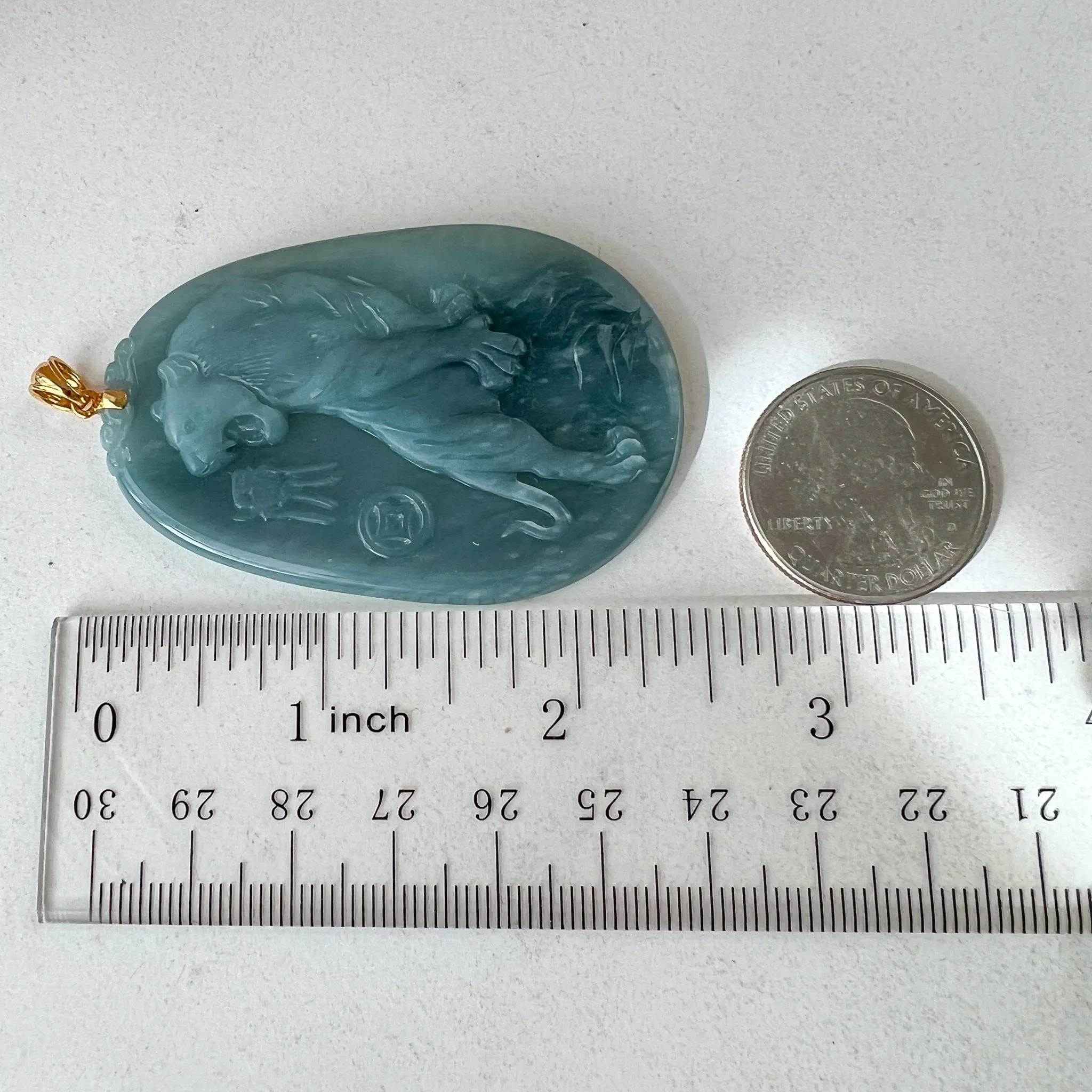 Blue Green Ice Jadeite Jade Tiger Pendant, Chinese Zodiac Carved Pendant with 18K Gold Bail Option, YYG-0823-1691189149
