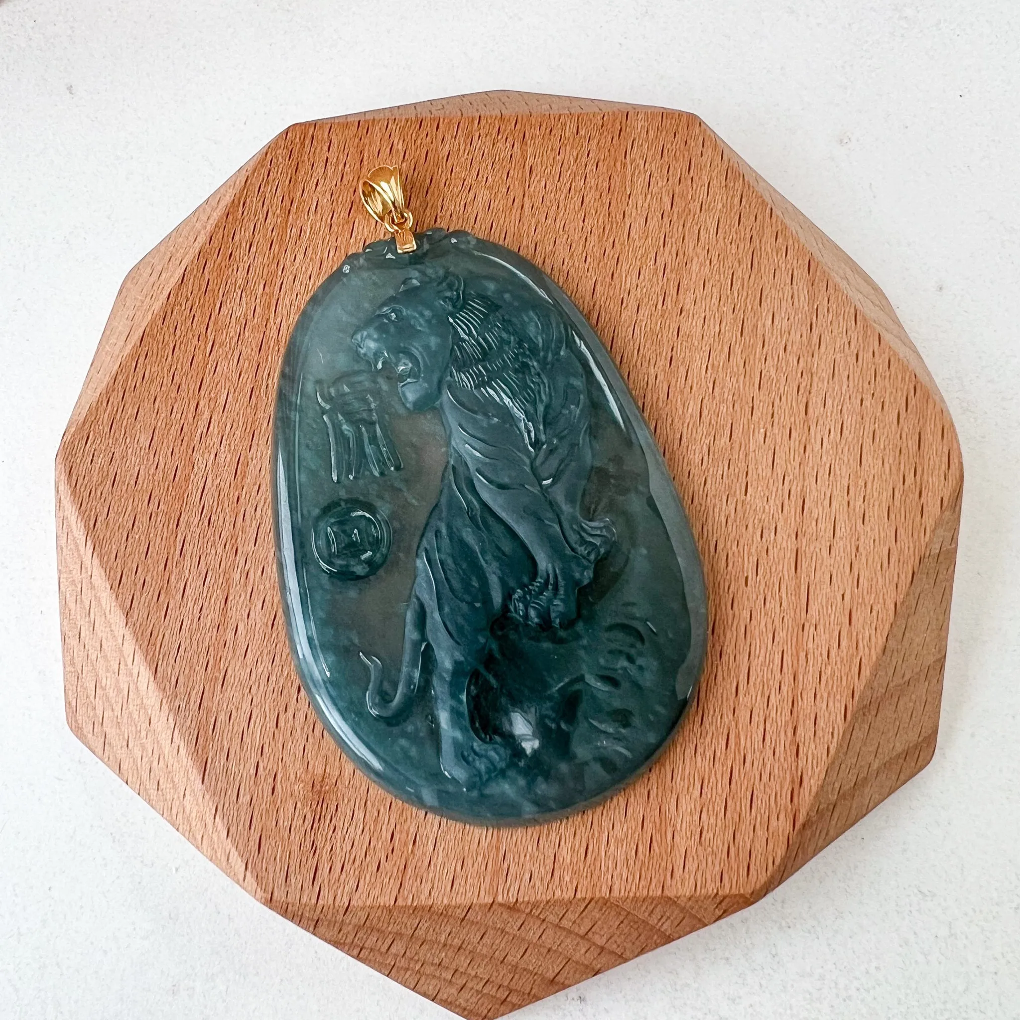 Blue Green Ice Jadeite Jade Tiger Pendant, Chinese Zodiac Carved Pendant with 18K Gold Bail Option, YYG-0823-1691189149
