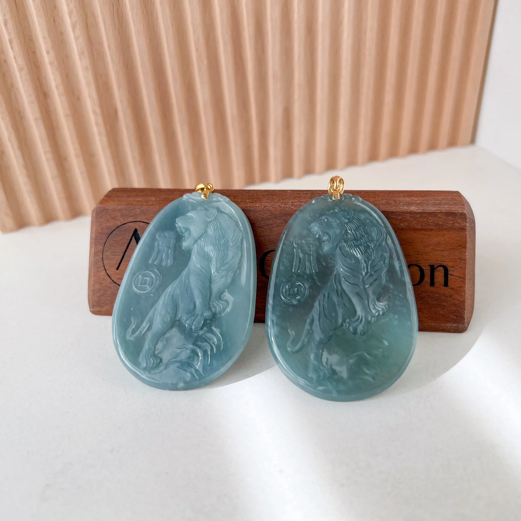 Blue Green Ice Jadeite Jade Tiger Pendant, Chinese Zodiac Carved Pendant with 18K Gold Bail Option, YYG-0823-1691189149