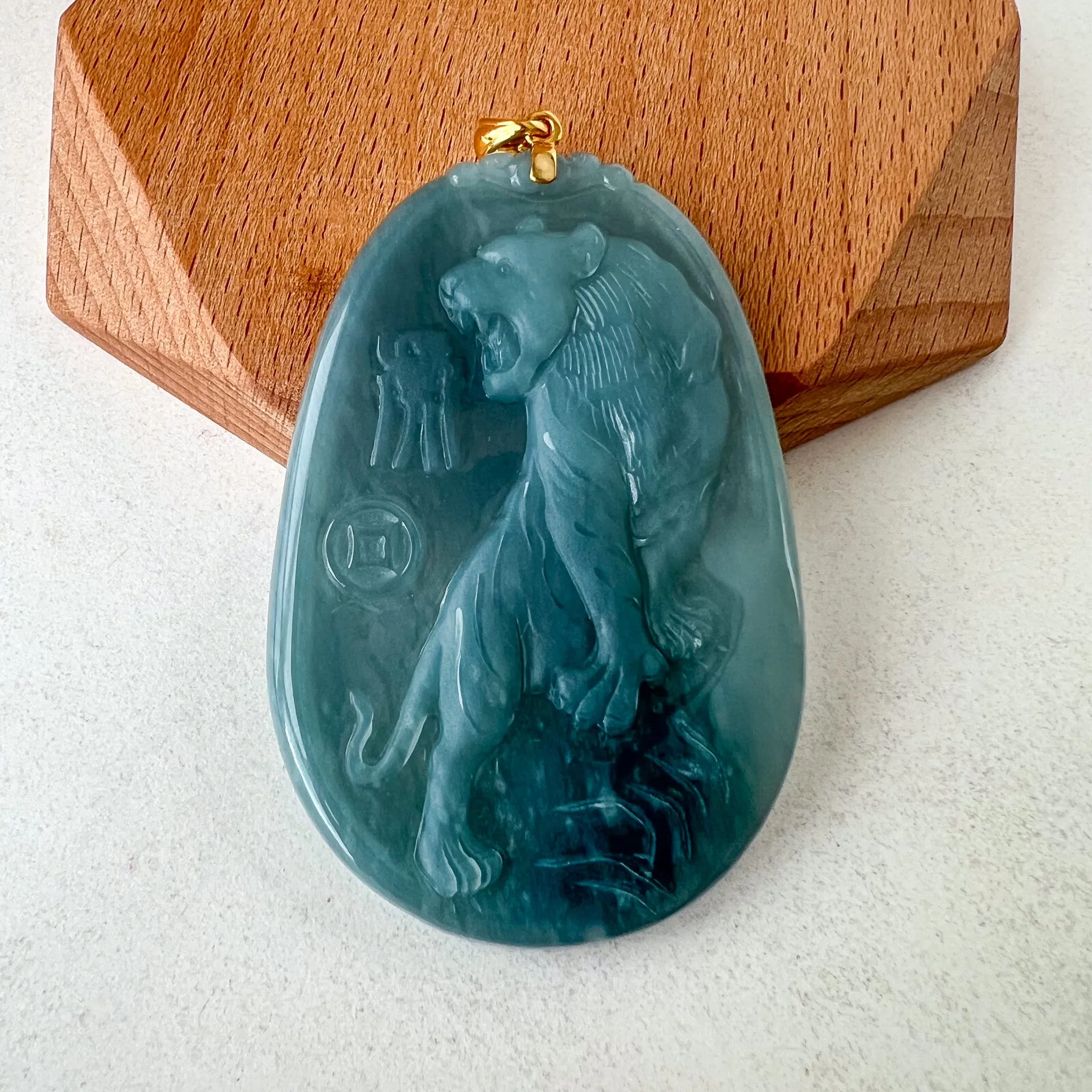 Blue Green Ice Jadeite Jade Tiger Pendant, Chinese Zodiac Carved Pendant with 18K Gold Bail Option, YYG-0823-1691189149
