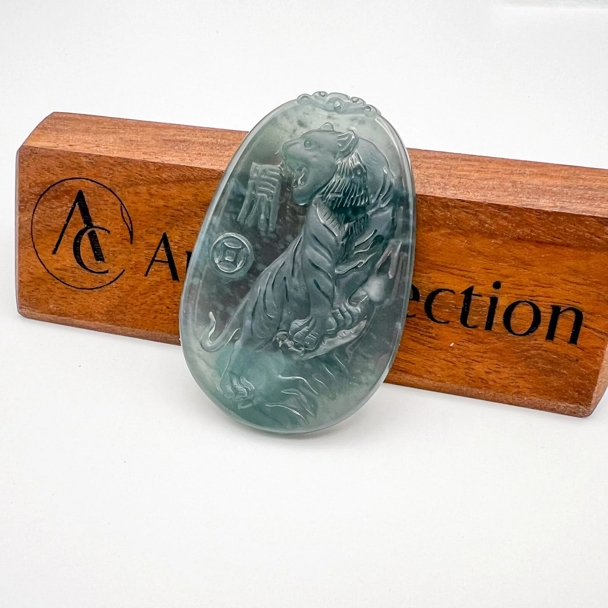 Blue Green Ice Jadeite Jade Tiger Pendant, Chinese Zodiac Carved Pendant with 18K Gold Bail Option, YYG-0823-1691189149