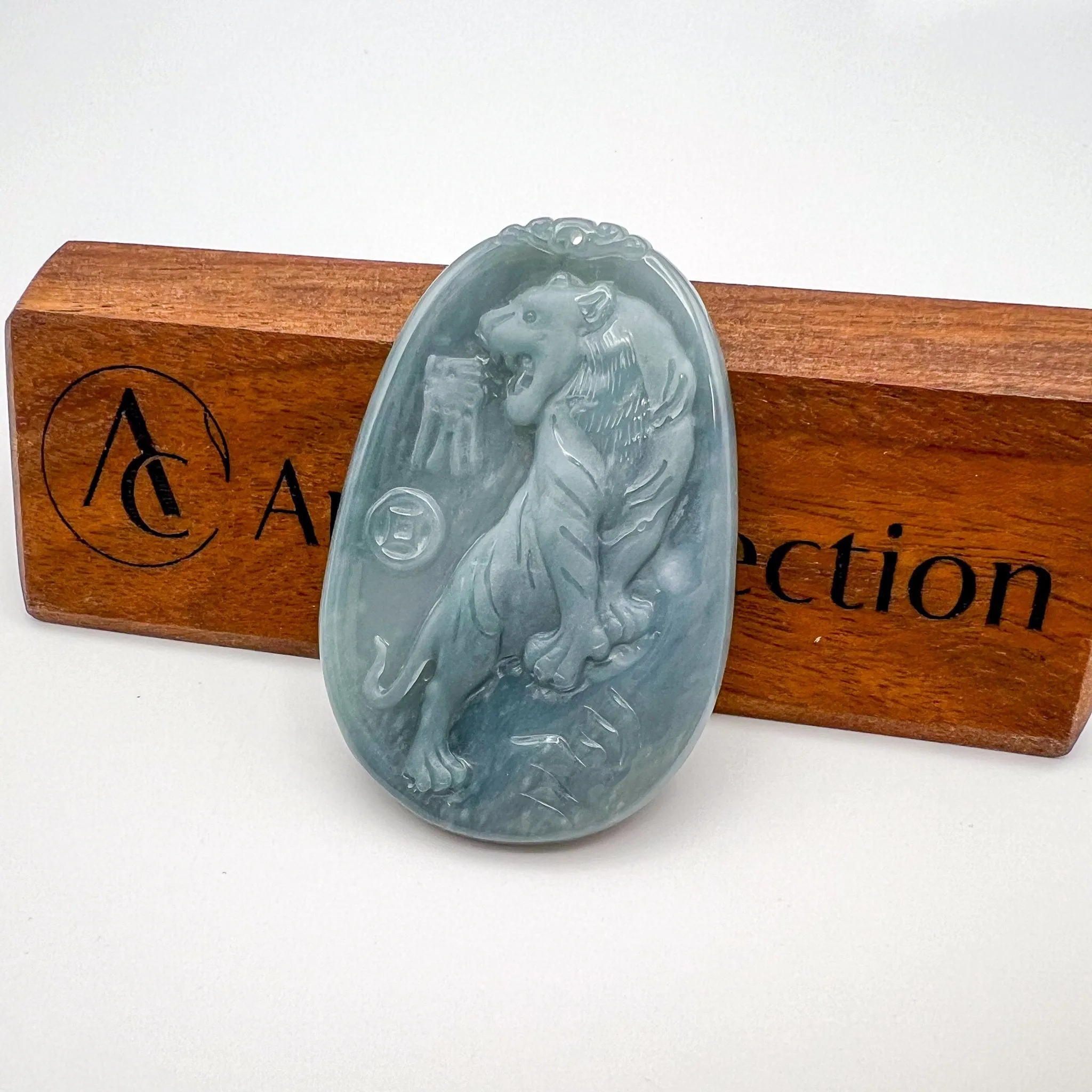 Blue Green Ice Jadeite Jade Tiger Pendant, Chinese Zodiac Carved Pendant with 18K Gold Bail Option, YYG-0823-1691189149